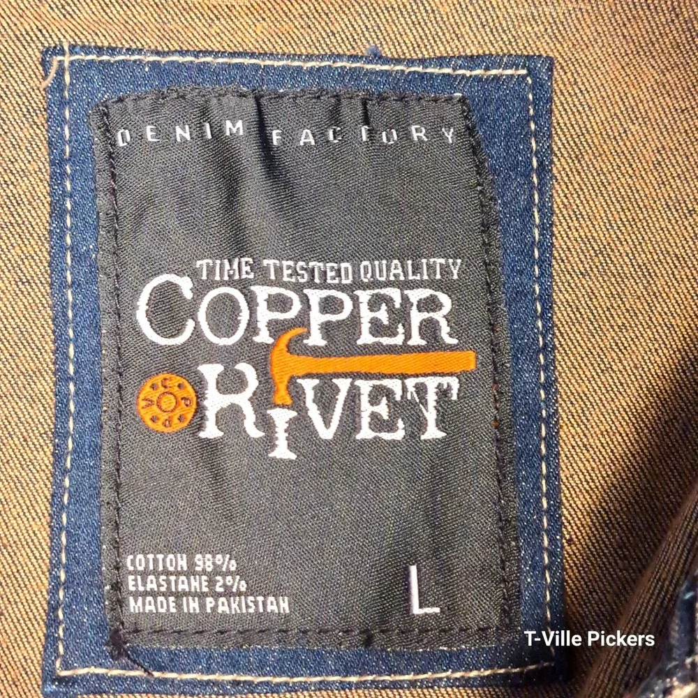 Copper Rivet Mens Distressed Deconstructed Denim Jacket Tan Indigo Large